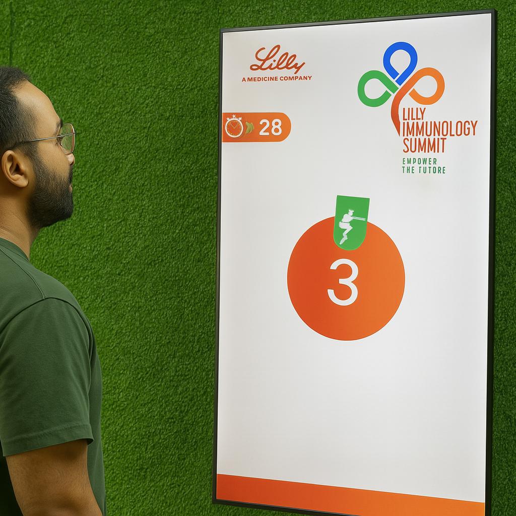 Participants enjoying the Squat Game Challenge at a corporate event in Dubai, engaging in fitness and team-building through real-time interactive squat tracking.